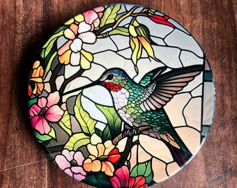 Hummingbird COASTER, Ceramic Coaster, Stained Glass Design, Nature Home Decor, Nature Lover Gift, Bird Coaster, 2 pack, Set of 4