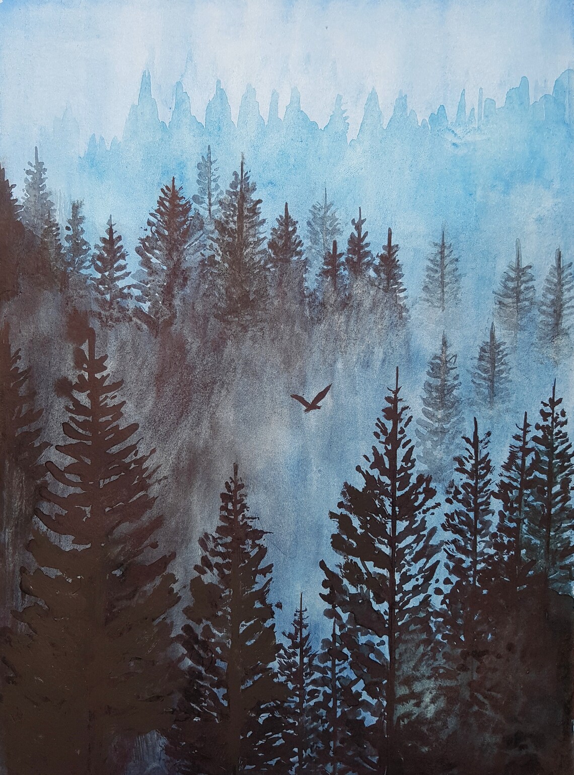 Foggy Forest Painting Landscape Wall Art Original Watercolor Etsy