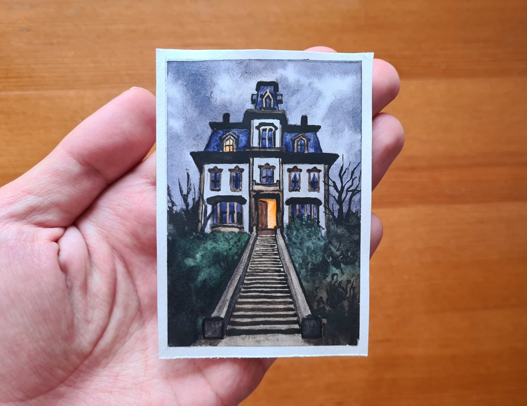 ACEO Original Art ACEO Art Horror House Painting Original Watercolor