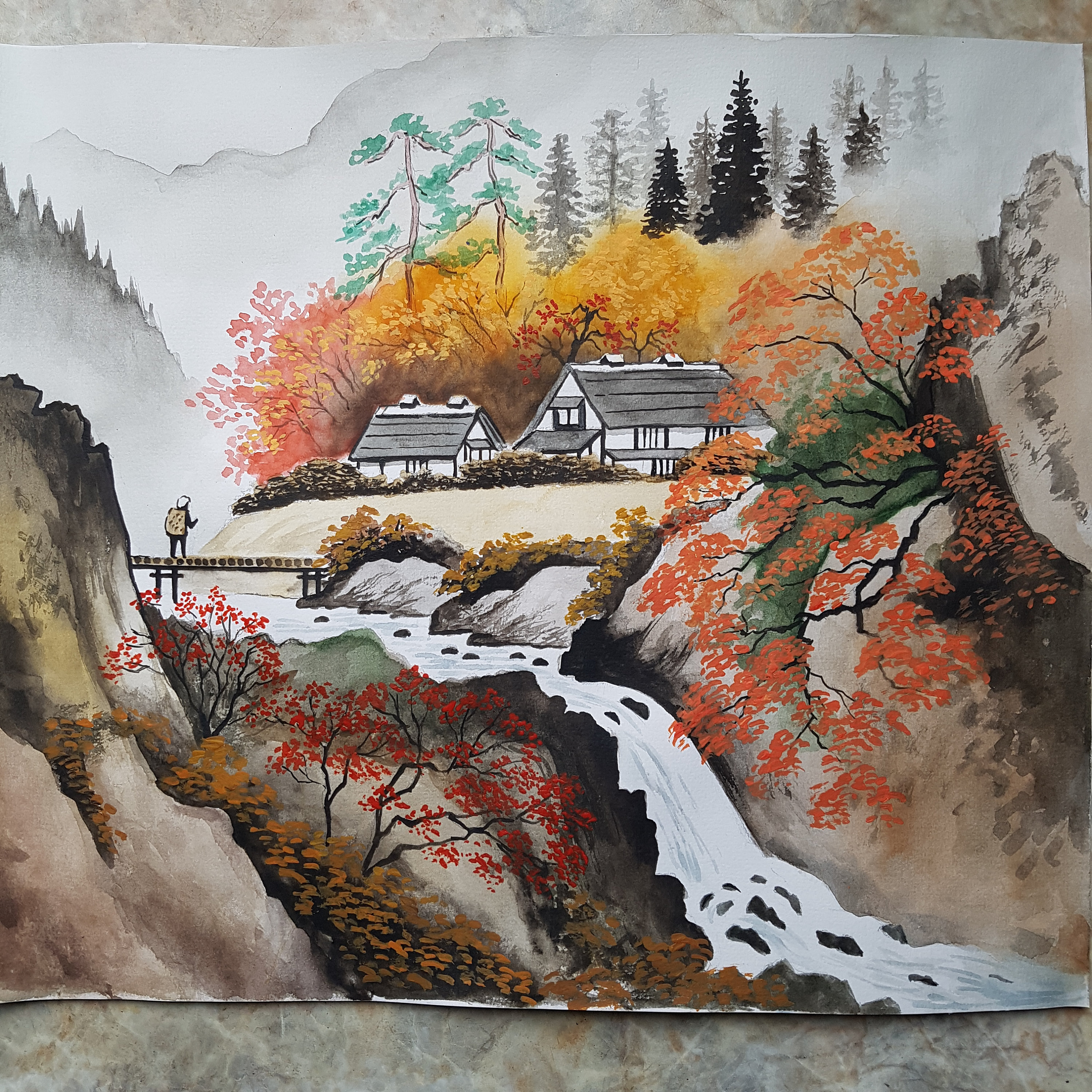 Japanese Landscape Painting Original Watercolor Artwork Fine Etsy