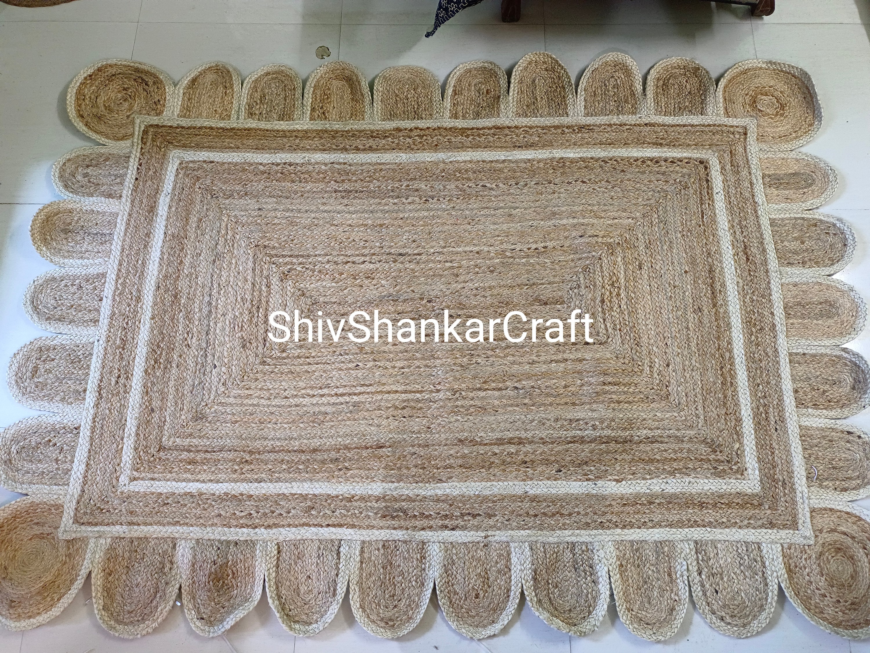 Scallop Decorative Rug Indian Hand Braided Jute Rug Handmade Handwoven  Natural Jute Scalloped Rug Area Square Rug Custom Size Rug 