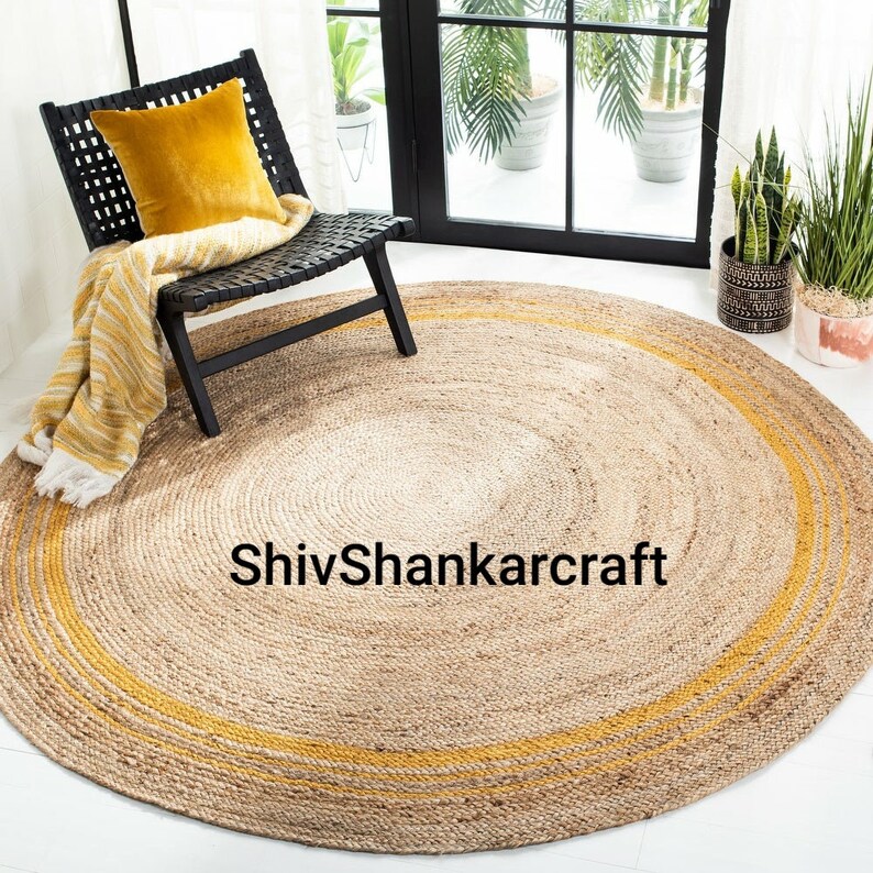 Indian Braided Floor Decor Rug Indian Handmade Area Jute Rug Yellow Jute Color Bohemian Rug Solid Area Round Shape Jute Rugs Sisal Rug