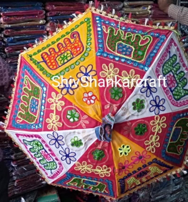 5 Piece Lot Decorative Indian Hand Embroidered Cotton Quilted Umbrella Ethnic Vintage Sun Protected Parasol Umbrella Wedding Special decor