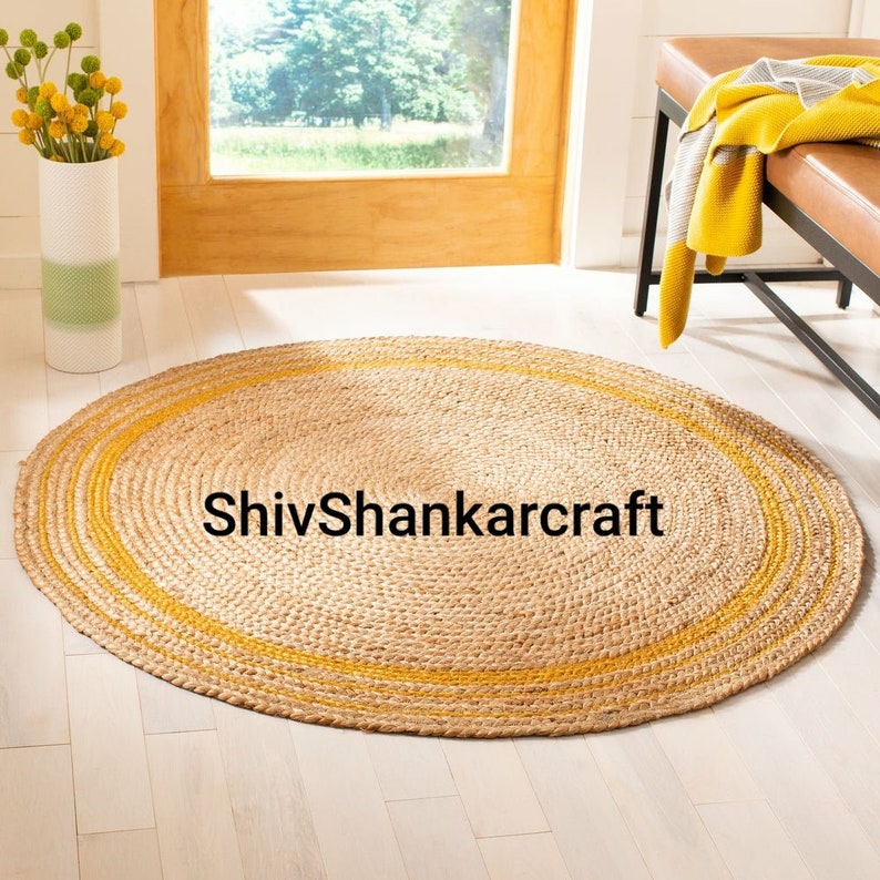 Indian Braided Floor Decor Rug Indian Handmade Area Jute Rug Yellow Jute Color Bohemian Rug Solid Area Round Shape Jute Rugs Sisal Rug