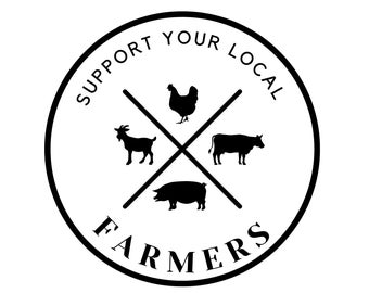 Könnte beinhalten: Ein schwarz-weißes kreisförmiges Grafikdesign mit dem Text "SUPPORT YOUR LOCAL FARMERS". Das Design zeigt Silhouetten von Ziege, Huhn, Kuh und Schwein, angeordnet um ein zentrales Kreuz.