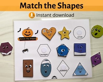 May include: A printable Halloween-themed matching game for kids. The game features different shapes with cute monster faces, including a circle, hexagon, diamond, and more. The game also includes a pumpkin, bats, and a spider.