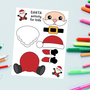 Op de afbeelding: Een printbare kerstmanactiviteit voor kinderen. De printbare bevat een kerstmanhoofd, baard, hoed, lichaam en laarzen. De printbare bevat ook een klein kerstmanfiguur.