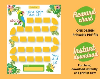 May include: A printable potty chart with a tropical theme. The chart features a parrot, the words "you can do it!" and "You did it!", and a reward section. The chart also includes the text "Reward chart" and "Instant download".