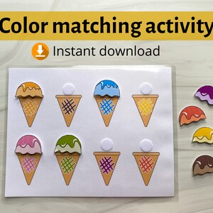 Ice Cream Color Matching Game, Color Activity, Educational Activity, Homeschool Worksheet, Busy Binder for Toddlers, Learning Colors