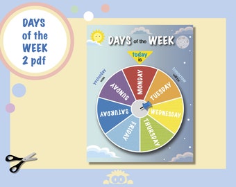 May include: A colorful wheel with the days of the week written on it. The wheel is divided into seven sections, each with a different color. The days of the week are written in a clockwise direction, starting with Sunday. The wheel is set against a blue sky with clouds and stars. The text "DAYS of the WEEK" is written at the top of the wheel. The text "today is" is written in a yellow triangle above the wheel. The text "yesterday was" is written in a blue rectangle to the left of the wheel. The text "tomorrow will be" is written in a blue rectangle to the right of the wheel.