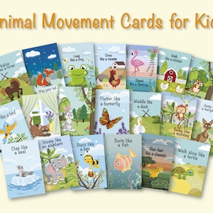 20 Tarjetas de movimiento de animales para niños. Tarjetas de acción de descanso cerebral imprimibles con temática animal para preescolar, niños pequeños, jardín de infantes y tiempo de círculo preescolar