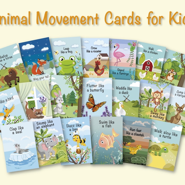 20 Animal Movement Cards for Kids. Animal Themed Printable Brain Break Action Cards for Pre k, Toddlers, Kindergarten, Preschool Circle Time