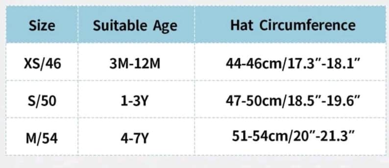 Puede incluir: Un gr&aacute;fico que muestra los tama&ntilde;os de los sombreros para beb&eacute;s y ni&ntilde;os peque&ntilde;os. El gr&aacute;fico enumera los tama&ntilde;os XS/46, S/50 y M/54, con las edades correspondientes y las circunferencias de los sombreros en pulgadas y cent&iacute;metros.