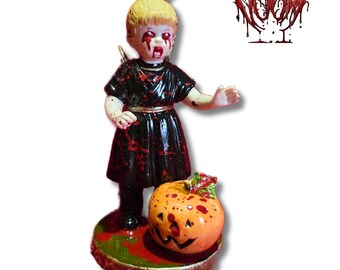 Isabel Doom - Antique Hand-Painted Trick r Treat Angel in Black with a Jack O Lantern Pumpkin with Blood Splatter & Gold Detailing
