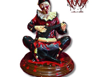 Isabel Doom - Antique Hand-Painted Gothic Porcelain Jester with Mandolin in Traditional Ruffled Collar with Blood Splatter & Gold Detailing