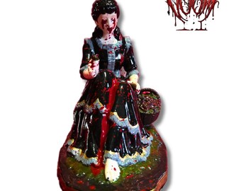 Isabel Doom - Antique Hand-Painted Victorian Era Gothic Woman with Roses in Black Ball Gown with Blood Splatter & Gold Detailing