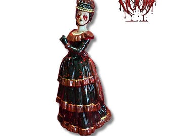 Isabel Doom - Antique Hand-Painted Victorian Era Goth Lady in Regal Black Gown and Ostrich Feather Hat with Blood Splatter & Gold Detailing