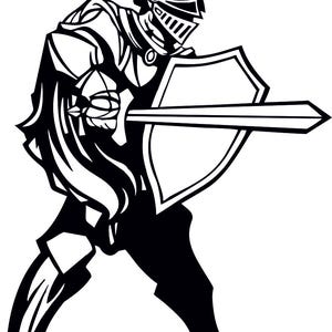 May include: A black and white illustration of a knight in armor holding a sword and shield. The knight is wearing a helmet with a plume and is in a fighting stance.