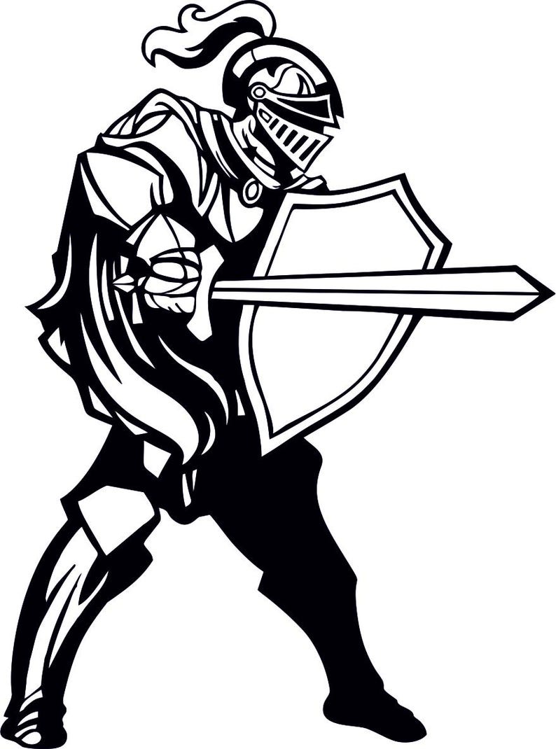 May include: A black and white illustration of a knight in armor holding a sword and shield. The knight is wearing a helmet with a plume and is in a fighting stance.