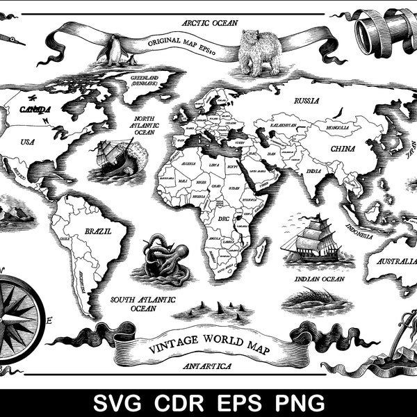 Vintage World Map Svg, Vintage Svg, Pirate Map Svg, Old Map Svg, Vintage Map png, World map svg, Vintage World map png, Map Cdr