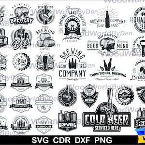 Może przedstawiać: Kolekcja czarno-białych logo i emblematów o tematyce piwnej. Projekty obejmują butelki piwa, beczki, szklanki do piwa i tekst, taki jak "Brewery", "Beer Fest" i "Cold Beer". Obraz zawiera również tekst "SVG CDR DXF PNG".