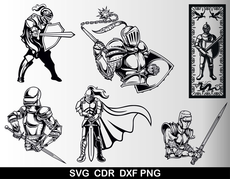 May include: A set of six black and white illustrations of knights in armor. The knights are depicted in various poses, including holding swords, shields, and a mace. The illustrations are in a medieval style and would be perfect for use in a variety of projects, such as t-shirts, mugs, and posters.