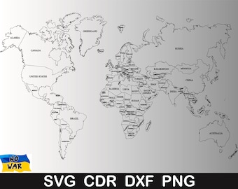 World Map Svg, World Map Svg Clipart Silhouette, Laser Cut File, Svg World Map, World Map Vector Digital, cdr, dxf, png