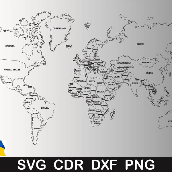 Mapa świata SVG, mapa świata SVG sylwetka clipart, plik wycinany laserowo, mapa świata SVG, mapa świata wektor cyfrowy, CDR, DXF, PNG