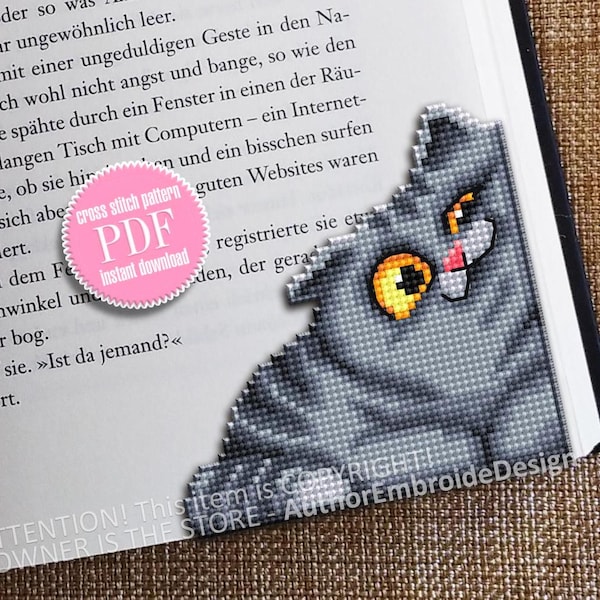 Grijze kat hoek bladwijzer kruissteekpatroon pdf-download Kat kruissteekkaart, kat bladwijzerpatroon digitale pdf, kattenliefhebber cadeau #B423