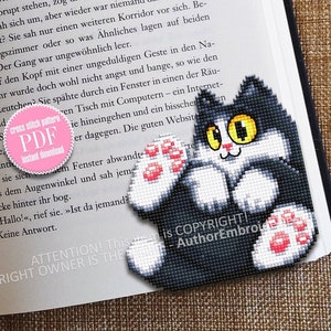黒猫コーナーブックマーククロスステッチパターンダウンロードPDF面白い猫クロスステッチチャート、猫ブックマークデジタルパターン、猫好きのギフト#B267