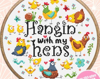 Patrón de punto de cruz de gallinas divertidas (PDF, descarga instantánea). Gráfico de punto de cruz "Pasando el rato con mis gallinas", patrón divertido en PDF digital para amigos #Q64