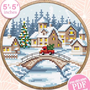 Christmas village cross stitch pattern PDF download Winter landscape cross stitch chart, Christmas pattern digital PDF, Snow landscape #N183
