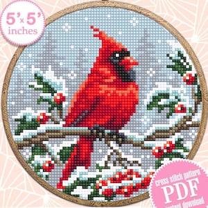 Weihnachten Kardinal Kreuzstichmuster PDF download Rote Kreuzstichvorlage, Weihnachtsmuster digitale PDF, Kardinal Stickdatei #N161