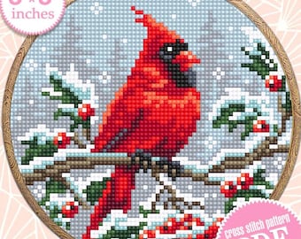 Christmas cardinal cross stitch pattern PDF download Red bird cross stitch chart, Christmas pattern digital PDF, Cardinal embroidery #N161