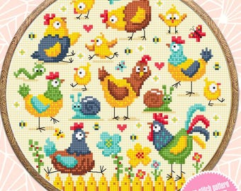 May include: A colorful cross stitch pattern featuring a rooster, hens, chicks, and other farm animals. The pattern is in a round hoop and includes a yellow fence and green grass. The text "cross stitch pattern PDF instant download" is in a pink circle.