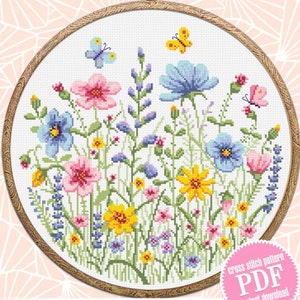 PDF-download wilde bloemen kruissteekpatroon kruissteekkaart aquarel bloemen, kruissteekkaart wilde bloemen, digitale pdf wilde bloemen, bloemenweide #P52