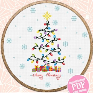 Christmas tree lights cross stitch pattern PDF download Xmas cross stitch chart, Merry Christmas pattern digital PDF, Christmas decor #N153