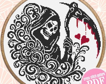 Grim reaper cross stitch pattern PDF download Gothic cross stitch chart, Gothic Halloween pattern digital PDF, Death with a scythe #H78