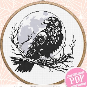 Raven cross stitch pattern PDF download Woodcut crow cross stitch chart, Gothic pattern digital PDF, Full moon, Halloween pattern #L88