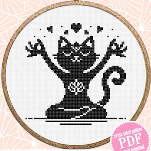 May include: A black and white cross-stitch pattern of a cat in a yoga pose, surrounded by hearts, inside a wooden embroidery hoop. The text "Author Embroide Design" is at the bottom. A pink sticker says "cross stitch pattern PDF instant download".