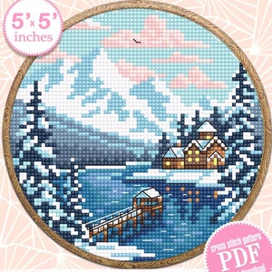 Winter Natur Landschaft Kreuzstichmuster PDF download Dock See Kreuzstichvorlage, Schnee Muster digitale PDF, Berglandschaft #L95