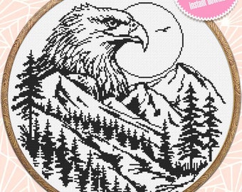 Schema punto croce Aquila calva scarica PDF Schema punto croce paesaggio montano, Schema natura monocromatica digitale, Punto principiante #L83