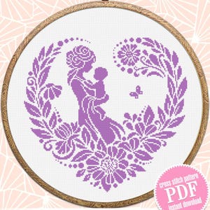 Silhouette mother baby cross stitch pattern PDF download Floral heart cross stitch chart, Monochrome pattern digital, Mothers day gift #O20