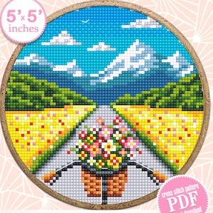Fahrrad mit Blumen Kreuzstichmuster PDF download Berglandschaft Kreuzstichvorlage Naturmuster digital, Blumenkorb Fahrrad #L13