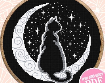 Cat moon cross stitch pattern PDF download Silhouette cat cross stitch chart, Crescent moon pattern digital PDF, Cat lover gift #K52