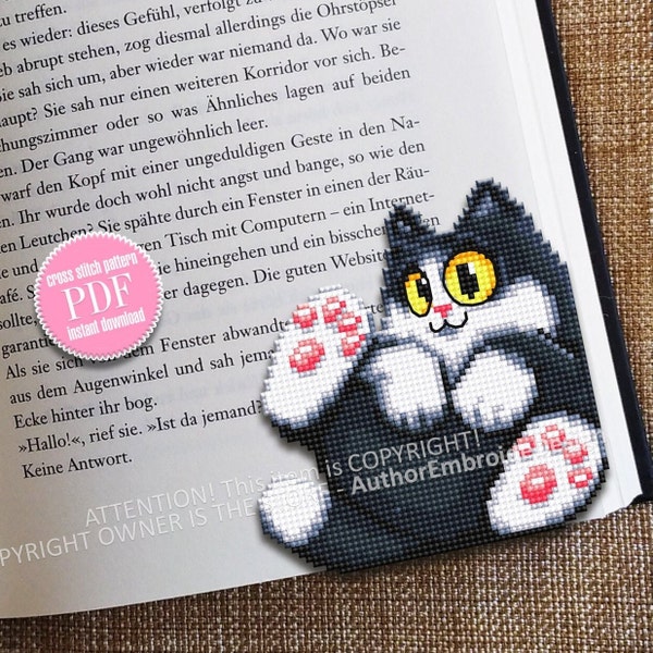 Black cat Corner bookmark cross stitch pattern download PDF Funny cat cross stitch chart, Cat bookmark digital pattern, Cat lover gift #B267