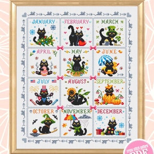 Calendrier chat rigolo au point de croix, PDF à télécharger Grille de point de croix chat noir, Motif chat mignon numérique PDF et Cartes de vœux chat #K60