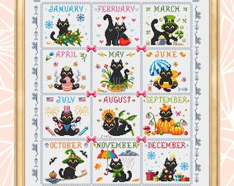 Funny cat calendar cross stitch pattern PDF download Black cat cross stitch chart, Cute cat pattern digital PDF, Cat holiday cards #K60