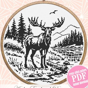 Elch Kreuzstichmuster PDF download, Hirsch Stickvorlage, Hirsch Stickvorlage, Hirsch Stickvorlage, Berglandschaft #L86