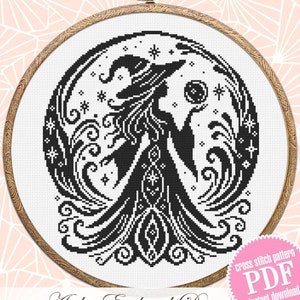 Halloween witch cross stitch pattern PDF download Mystical cross stitch chart, Monochrome magic pattern digital PDF Witchy crystal ball #H79